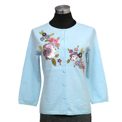 12gg 3/4 sleeves w/beading/embroidery/applique flower/cover buttons on front cardigan