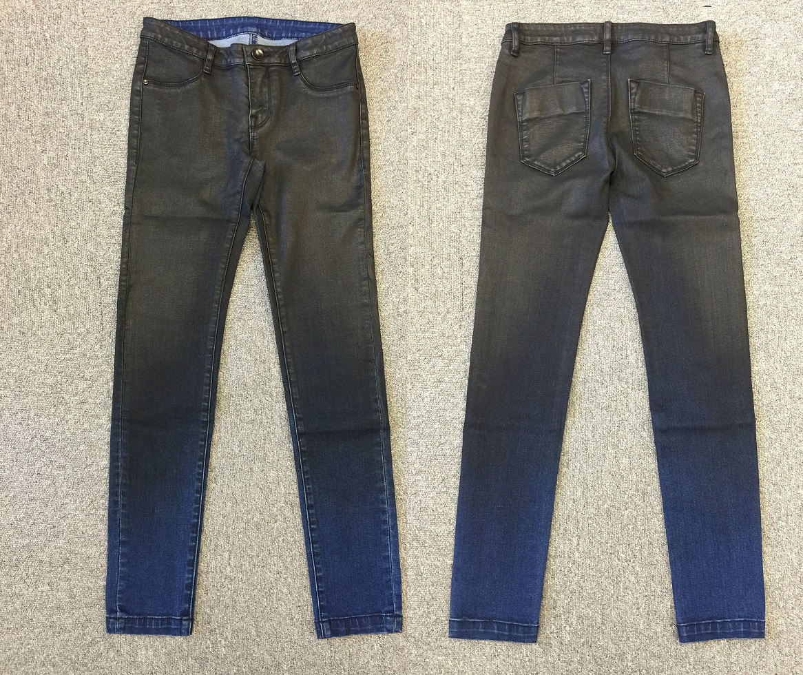 Ladies garment spray coated two colour effect jeans