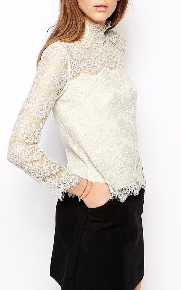 White Round Collar Long Sleeve Look-through Loose Fit Lace Lady's Top
