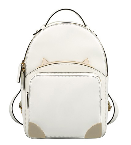 White Ladies Zipper Top Closure Fashion Shoulder Bag Cowhide Cat Signature Backpack