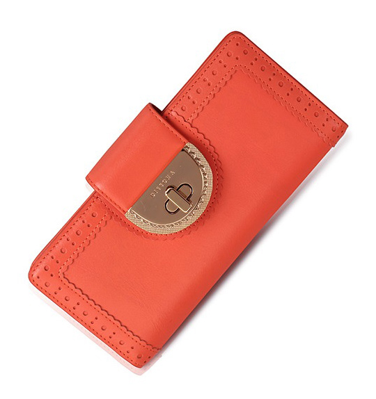 Orange / Pink Buckle Closure Cowhide Leather Fashion Ladies Long Wallet