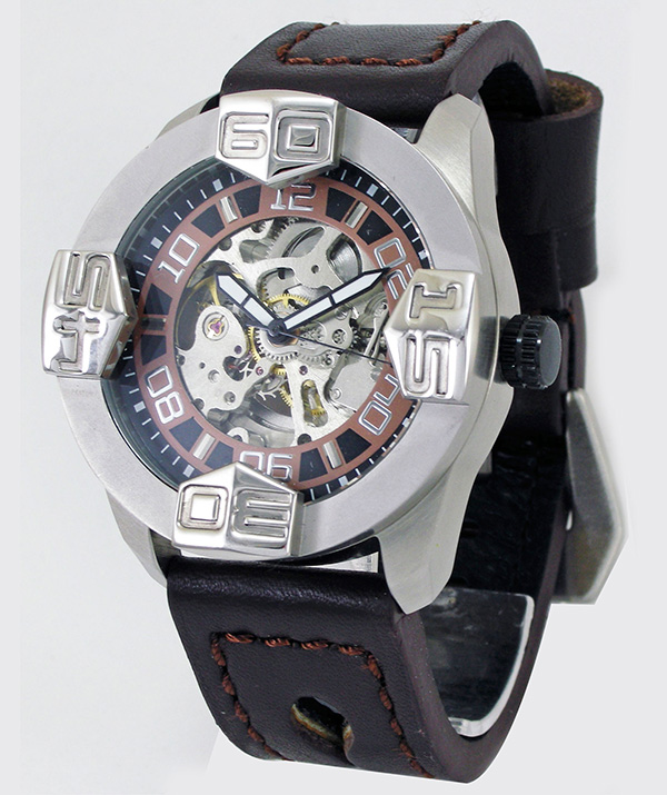 Gents Leather Stainless Steel Skeleton Automatic Mechanical Watch