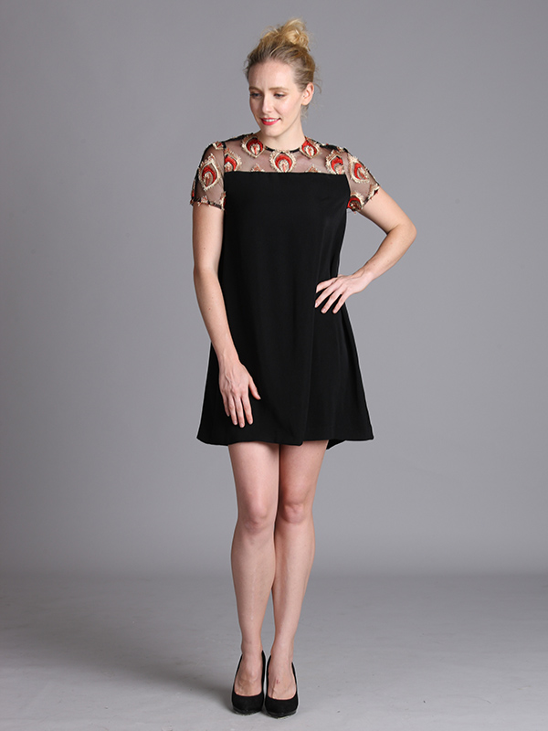 Black Round Collar Short Sleeve Thigh Length Loose Fit Causal Woman's Dress