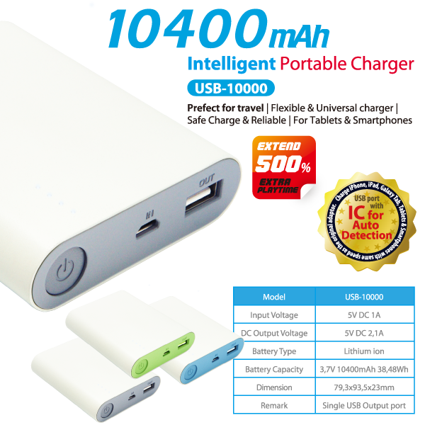 10,400mAh Power Bank with IC for Auto Detection, Lithium-ion, 5V/2,1A  Output for Tablet & Smartphone,USB-10000 - Vanson Electronics Ltd. -  Manufacturer