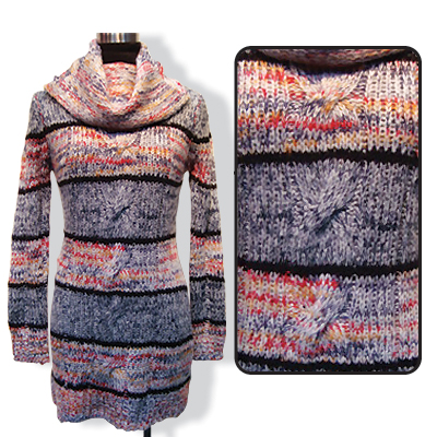 Ladies Turtle-Neck Pullover with Melange Colour Striped and 3D Cabling