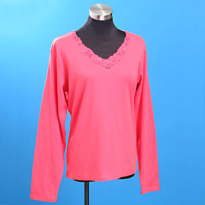LADIES' COTTON EMBROIDERY/LACE NECK BLOUSE