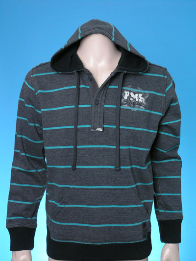 Mens stripe hooded sweat top with garment wash