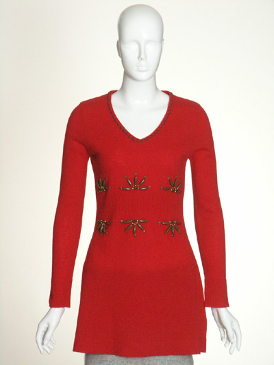LADIES' V NECK LONG SLEEVE PULLOVER DRESS (12GG JERSEY + CROCHET STITCH)