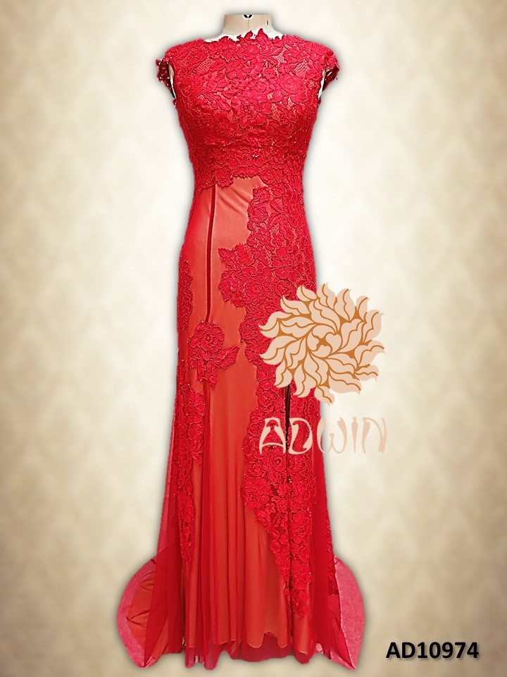 Red Lace Applique Evening Dress