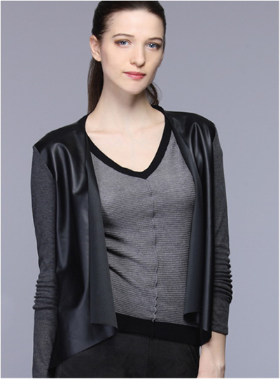 Ladies V Neck Top with Leather Front Cardigan
