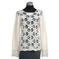 Hand crochet on front and cuff round neck long sleeves pullover