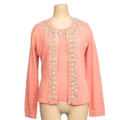 12gg jersey w/beadings and ribbon tape along the neck and front placket twin set