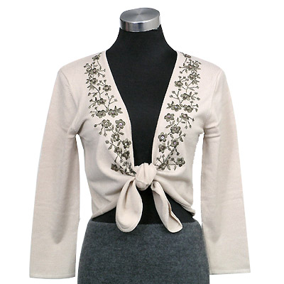12gg 3/4 sleeves tie front w/embroidery cardigan