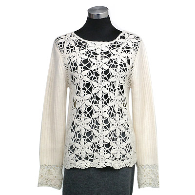 Hand crochet on front and cuff round neck long sleeves pullover
