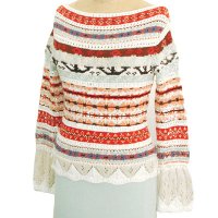 Sell Hand knit boat neck jacquard long sleeve & beading w / raffle trim Pullover