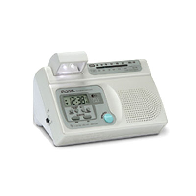 Multifunction LCD Talking Clock with Radio, moving night light, pen & memo holder, natural alarm sound selectable.