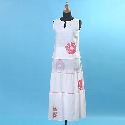 Woven ramie emb. and patch set (vest & skirt) (Casual Wear)