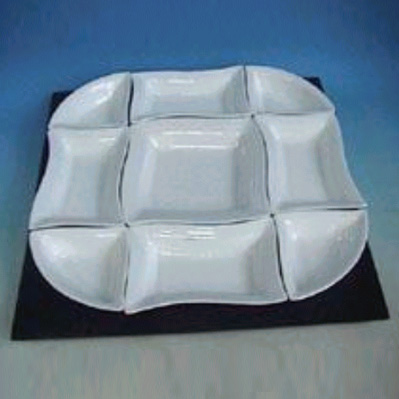 CERAMIC TRAY IN 9-PC WITH WOODEN BASE