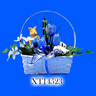 6.5 inches Easter Decoration Basket W/Rabbit, Tulip, Mum and Ribbon