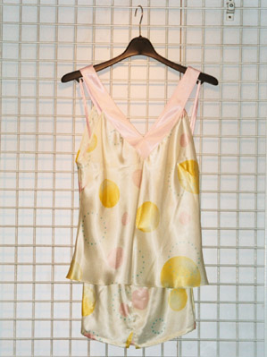 Ladies woven special V-Neck Camisole + Boxer PJ Set,(Bubbles Print & Solid V-Neck)