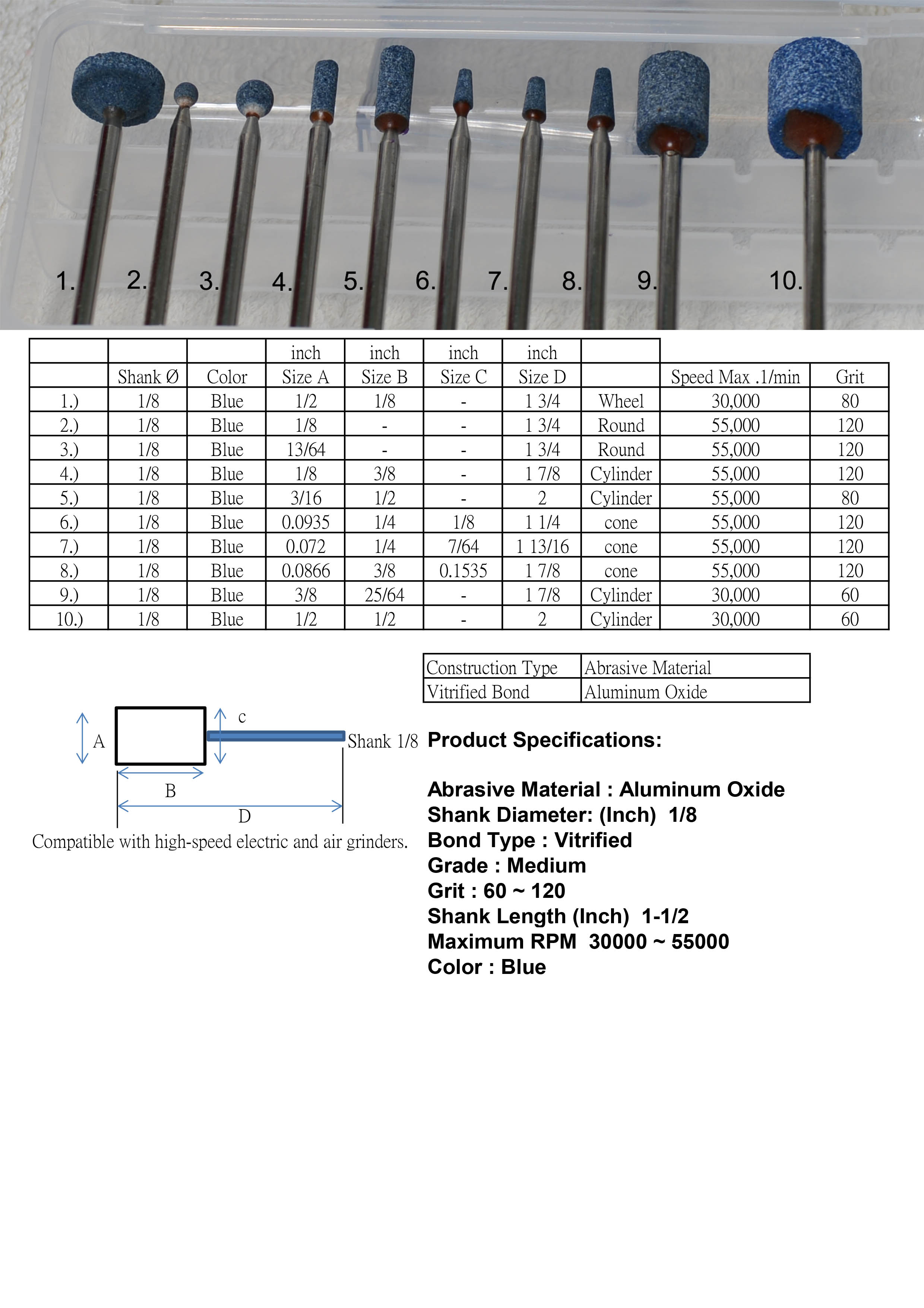 Abrasive Vitrified Mounted Point 1/8 inches Shank