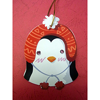 Christmas Wish-Card Hanging Ornament. Penguin Design. Eyes with Beads. 2 cards combined to form 1 single piece. Set of 4 pieces.