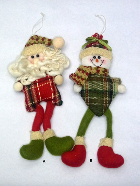 Christmas Hanging Decoration. Long Leg Santa & Snowman Design.