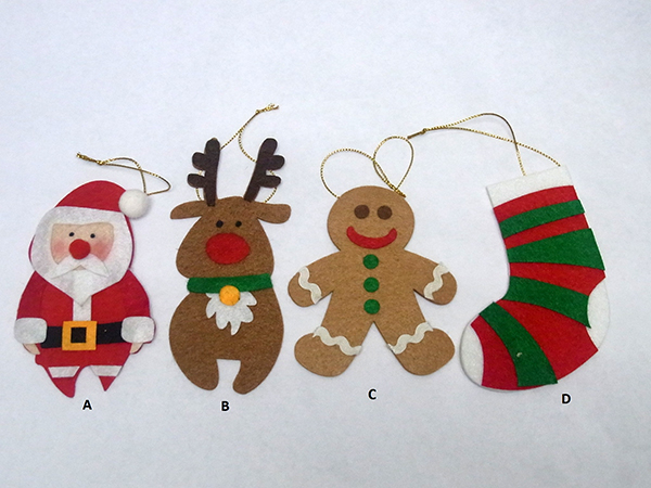 Christmas Hanging Decoration. Santa Claus, Gingerbreadman & Stocking Design. Set of 4 pcs.