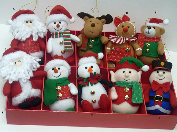 Christmas Hanging Decoration. Santa, Snowman, Elf & Animal Figures. Each with Hanging Legs. 10 pieces Packed in Gift Box.