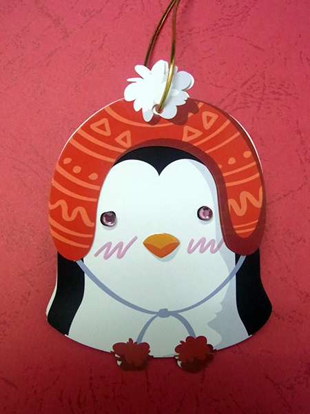 Christmas Wish-Card Hanging Ornament. Penguin Design. Eyes with Beads. 2 cards combined to form 1 single piece. Set of 4 pieces.