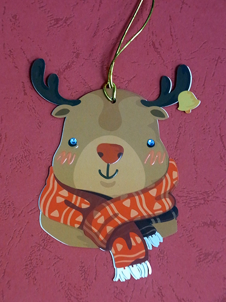 Christmas Wish-Card Hanging Ornament. Reindeer Design. Eyes with Beads. 2 cards combined to form 1 single piece. Set of 4 pieces.