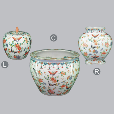 L: Crackled Striped Water-Melon Jar 9 inches,C: Crackle Planter 16 inches,R: Crackled Twin Vase 14 inches