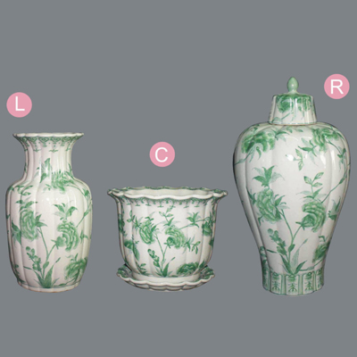 L: Crackle Striped Vase 14 inches,C: Crackle Bell Shape Flower Pot w/Stripes 10 inches,R: Crackle Plum Blossom Vase w/Stripes 18 inches