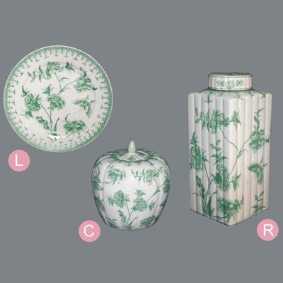 L: Crackled Glaze Flat Charger 10 inches,C: Crackled Striped Water-Melon on Jar 9 inches,R: Crackled Square Jar with Stripes Des 12 inches