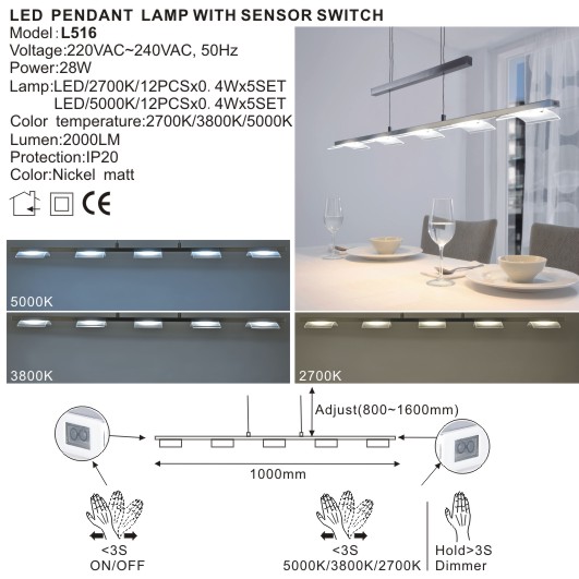 LED Pendant Lamp with Sensor Switch