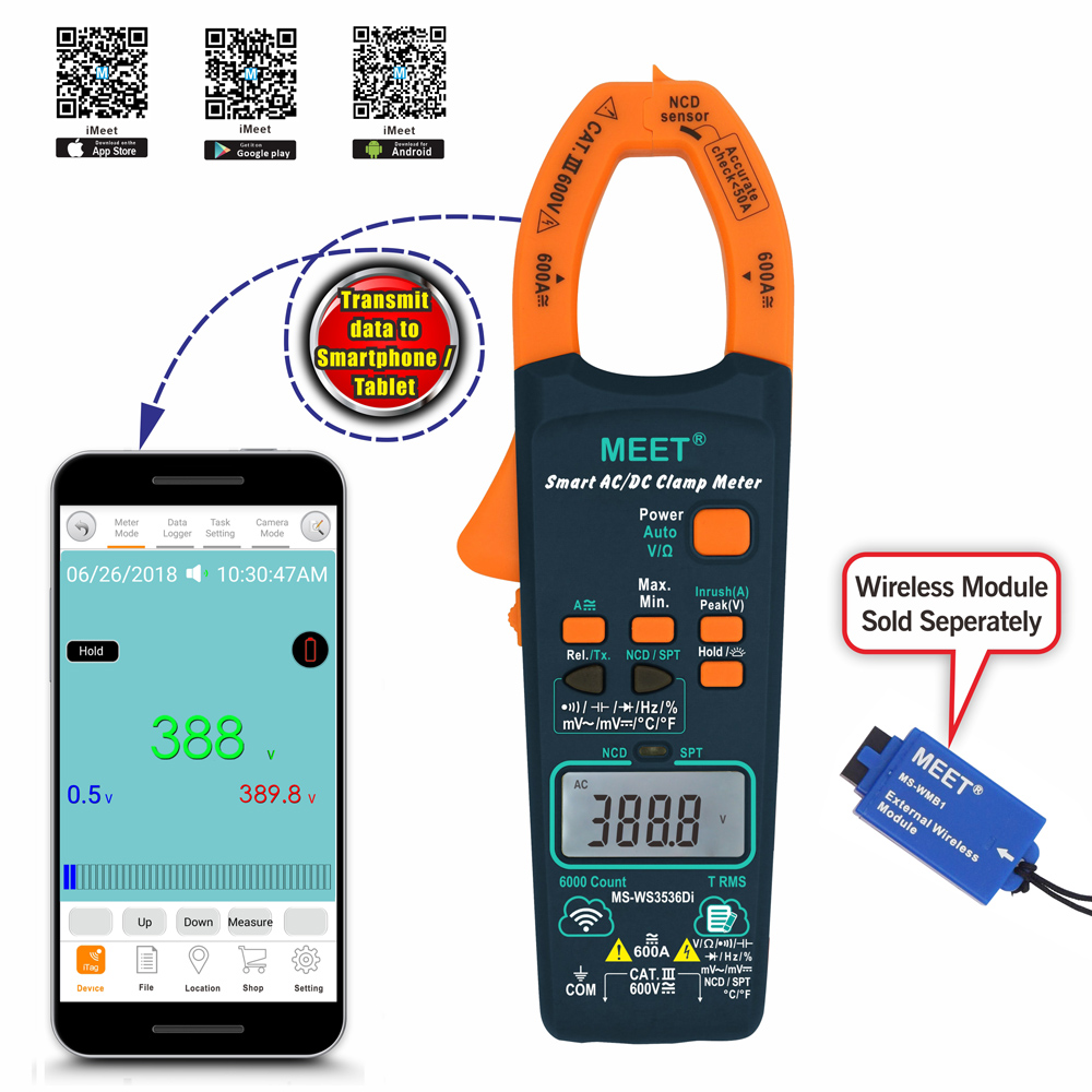 Wireless Connectivity Fully Auto Range AC / DC Clamp Meter
