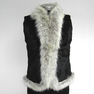 Sheared and Dyed Black Rabbit Fur Vest with Coyote Trimmings