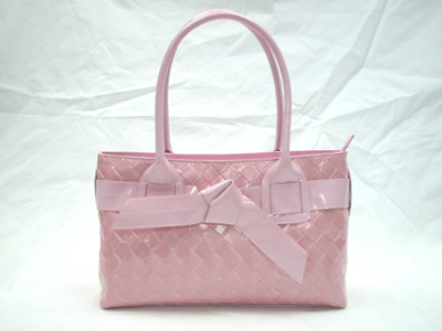 PU Light Pink Twin Grab Handles Ling Plaid Pattern Ladies Hand Bag