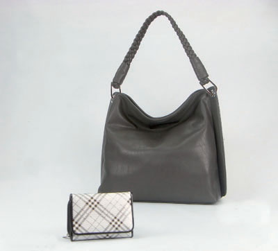Dark Grey Ladies' Hand Bag And Plaid Pattern Flap Over Ladies' Purse
