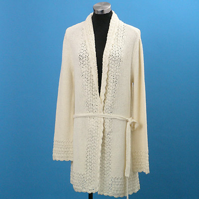 Ladies' Cotton Nylon Knitted Long Cardigan with Hand Crochet Trimming
