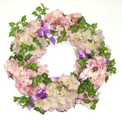 16 inches HYDRANGEA WREATH WITH IVY AND RIBBON.