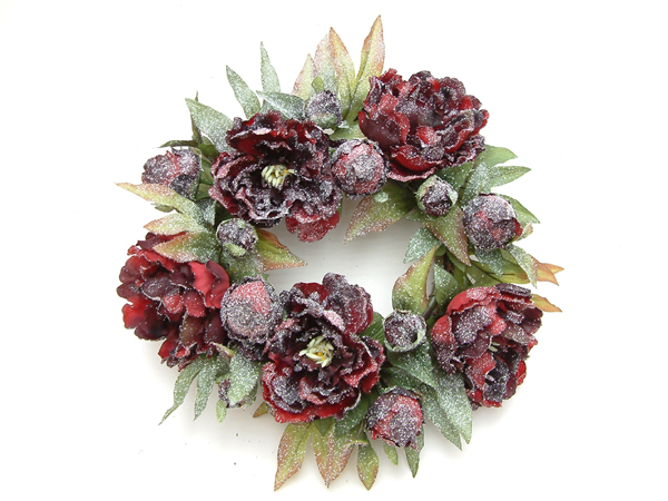 6 inches FROSTY PEONY WREATH W/RATTAN BASE