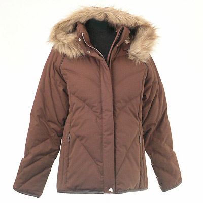 Ladies' down jacket. 80/20 grey duck down. hi soft, light weight garment to keep you warm, fur trim collar, durable to wear