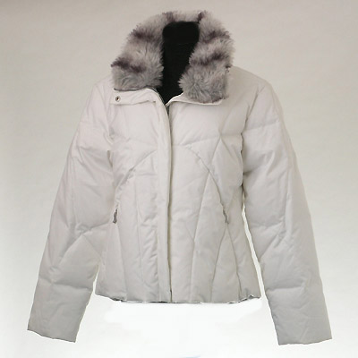 Ladies' down jacket. 80/20 grey duck down. hi soft, light weight garment to keep you warm, fur trim collar, durable to wear