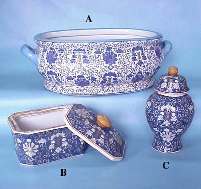 A: 17 inches FootbathB: 7 inches Oct. Tureen BoxC: 8 inches General Jar