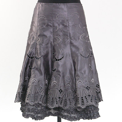 Ladies' Polyester Satin Woven Skirt With Embroidery Cutwork + Ruffle At Inner Layer