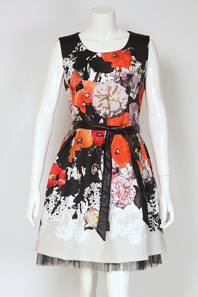 Ladies Polyester Print Trendy Dress with Leather Belt