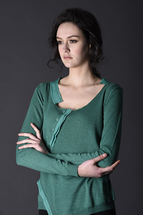 Green Surplice Scoop Neckline Long Sleeve Button Closure Lady's Sweater Blouse