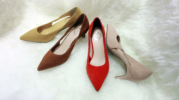 Ladies Pointed Toe Cutout Suede Leather Mid Heel Pumps