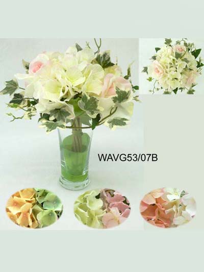 Sell 9.5 inches SEMI-OPEN ROSE & HYDRANGEA BQT W/3 FLS, IVY & LVS (THIN M.P.)